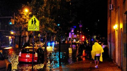 flooded street in new york city at night