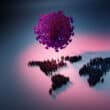 This 3D illustration shows a large virus hovering over the entire population of the world in a representation of the threat pandemics posed to everyone. illustration