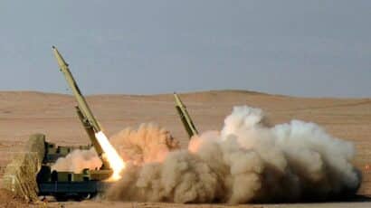 Image of an Iranian Fateh-110 missile being launched during the Great prophet-7 military exercise in 2012.