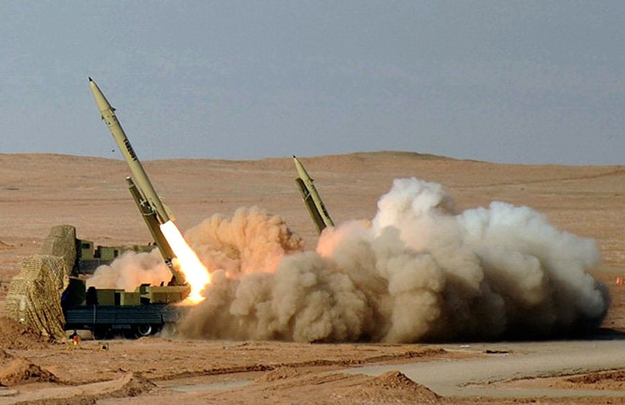 Image of an Iranian Fateh-110 missile being launched during the Great prophet-7 military exercise in 2012.