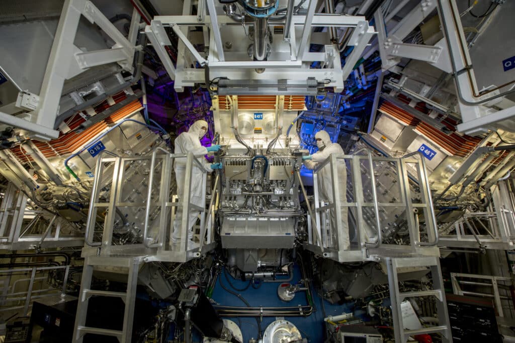 National Ignition Facility operators inspect a final optics assembly during a routine maintenance period in August.
