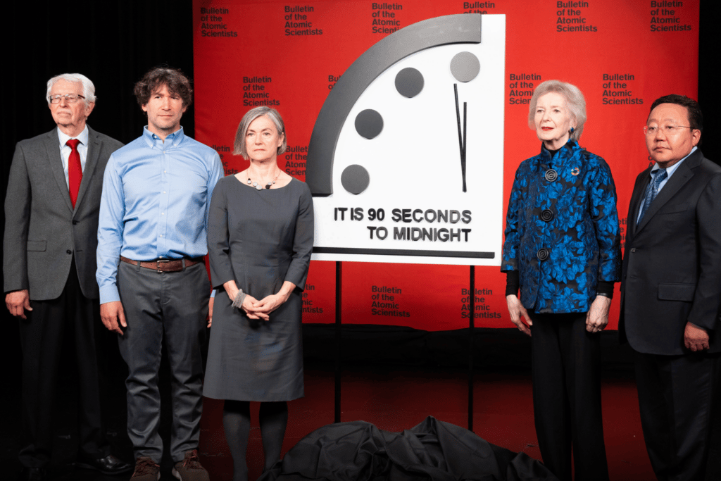 The 2023 Doomsday Clock time is revealed. From left to right: Chair of the Bulletin's Board of Sponsors Siegfried Hecker, co-chair of the Bulletin's Science and Security Board Daniel Holz, co-chair of the Science and Security Board Sharon Squassoni, former President of Ireland Mary Robinson and former President of Mongolia Elbegdorj Tsakhia.