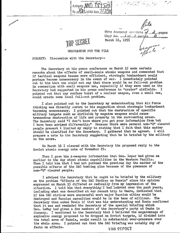 a top secret memo written by Gerard C. Smith in 1955
