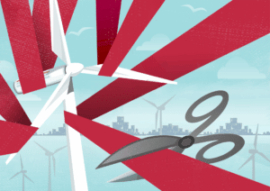 illustration of scissors about to cut through the red tape on a wind turbine