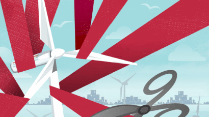 illustration of scissors about to cut through the red tape on a wind turbine