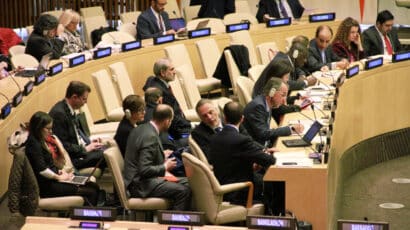 Alexander Kmentt of Austria (center) talks with fellow delegates at the NPT review conference on May 1, 2015. (Credit: International Campaign to Abolish Nuclear Weapons / ICAN)