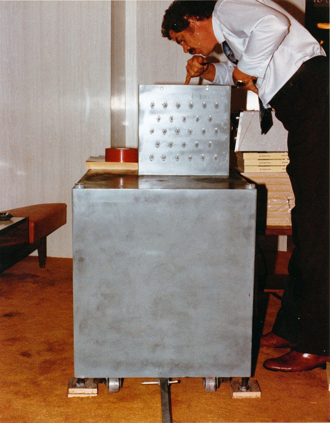 An investigator examines the actual bomb at Harvey's casino. (FBI)