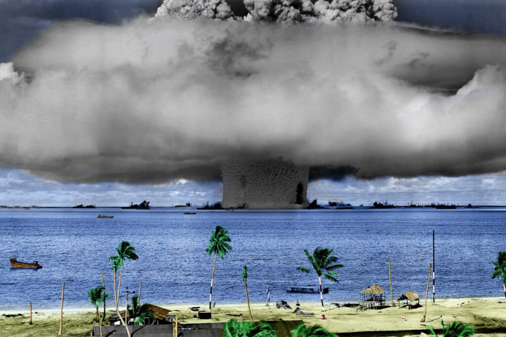 A nuclear weapon test by the US military at Bikini Atoll in 1946. (Credit: US Defense Department image via Wikimedia Commons, licensed with PD-USGov-Military)