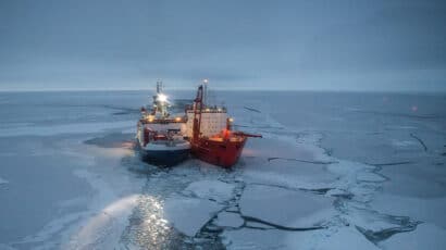 Research ship and icebreaker in Arctic ice