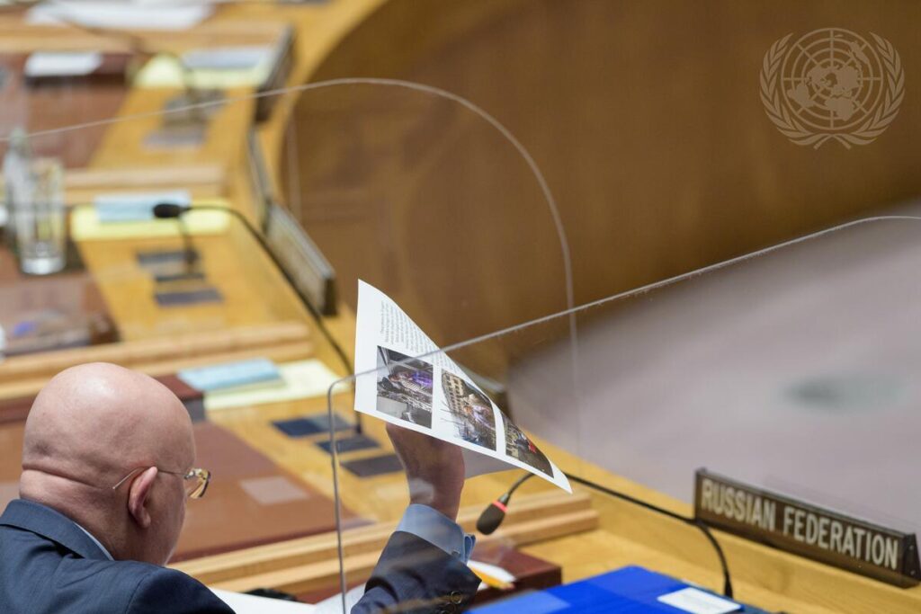 Vassily Nebenzia, Russia's ambassador to the United Nations, addresses the Security Council meeting on threats to international peace and security. (UN Photo, Manuel Elías)