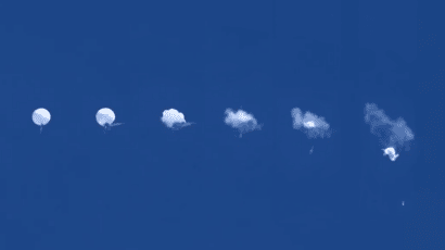 A sequence of frames from video of the Chinese balloon shot down off the South Carolina coast on February 4, 2023.