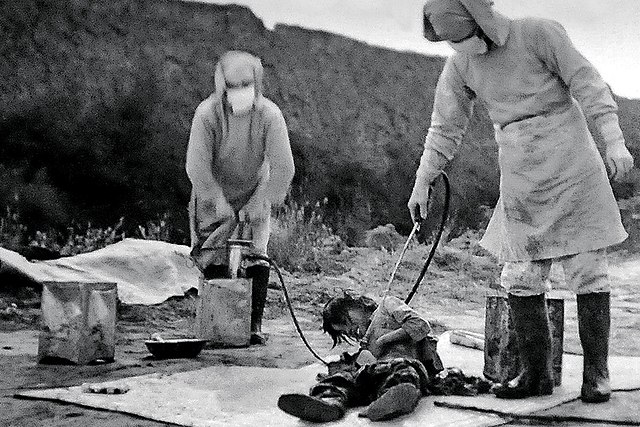 A photo from the Jilin Provincial Archives, which, according to Xinhua Press, shows a ”bacteriological test directed by Japan’s Unit 731 in November of 1940” in northeast China’s Jilin Province. (Wikimedia Commons)