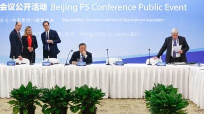 Delegation members from the UN Security Council's five permanent members (P5), from left to right: Philip Barton of Britain, Andrea Thompson of the United States, Nicolas Roche of France, Fu Cong of China, and Oleg Rozhkov of Russia, attend a panel discussion after the Treaty on the Non-Proliferation of Nuclear Weapons (NPT) conference in Beijing in January 2019. Photo by Thomas Peter/AFP via Getty Images.