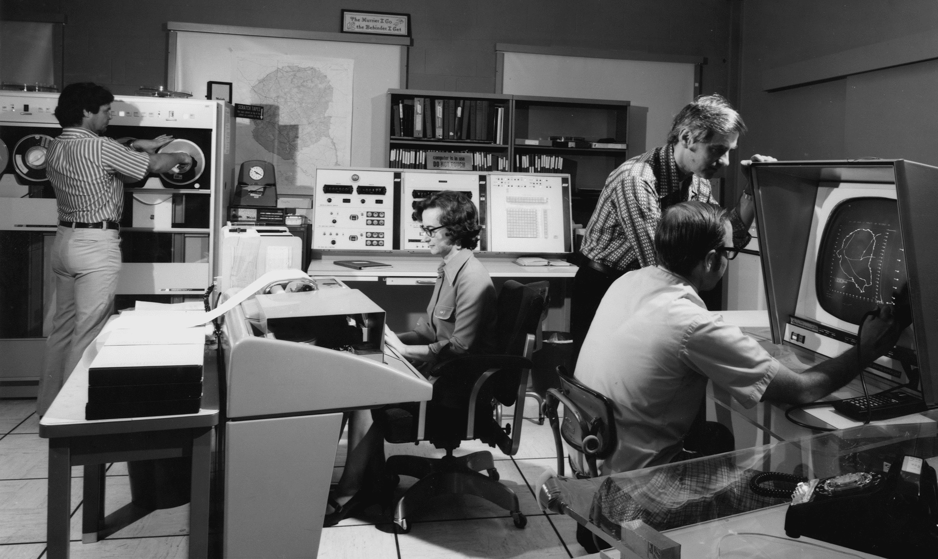 The command center of the National Atmospheric Release Advisory Center around the time it became operational after the Three Mile Island accident in March 1979. (NARAC / LLNL)