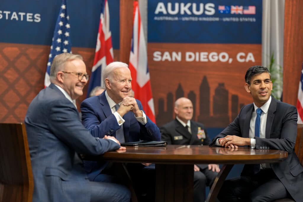 President Biden, Prime Minister Albanese, and Prime Minister Sunak participate in a meeting at AUKUS.