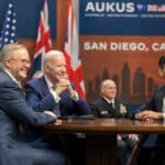 President Biden, Prime Minister Albanese, and Prime Minister Sunak participate in a meeting at AUKUS.