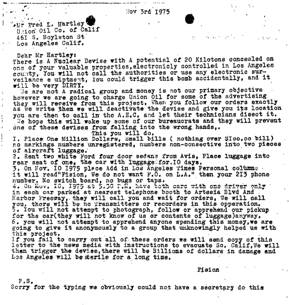 One among several attempts at nuclear extortion during the early years of NEST. In a 1975 operation, this letter to Union Oil Company triggered a NEST search operation. NEST experts searched the company's offices with detection kits concealed in business-style briefcases—no explosive device was found. The perpetrator was later caught by the FBI and convicted. (National Security Archive)