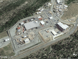 Figure 1. The Los Alamos Plutonium Facility (PF-4) is the large building at center top. Note the double security fence required because of the presence of plutonium (Google Earth, Sept. 9, 2019).