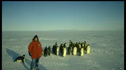 Sue Solomon in Antarctica with penguins