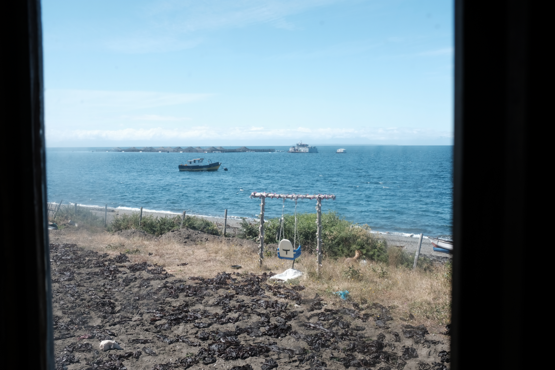 A view of the salmon farm from Ana Leviñanco’s living room window. (Photo: Jessica McKenzie)