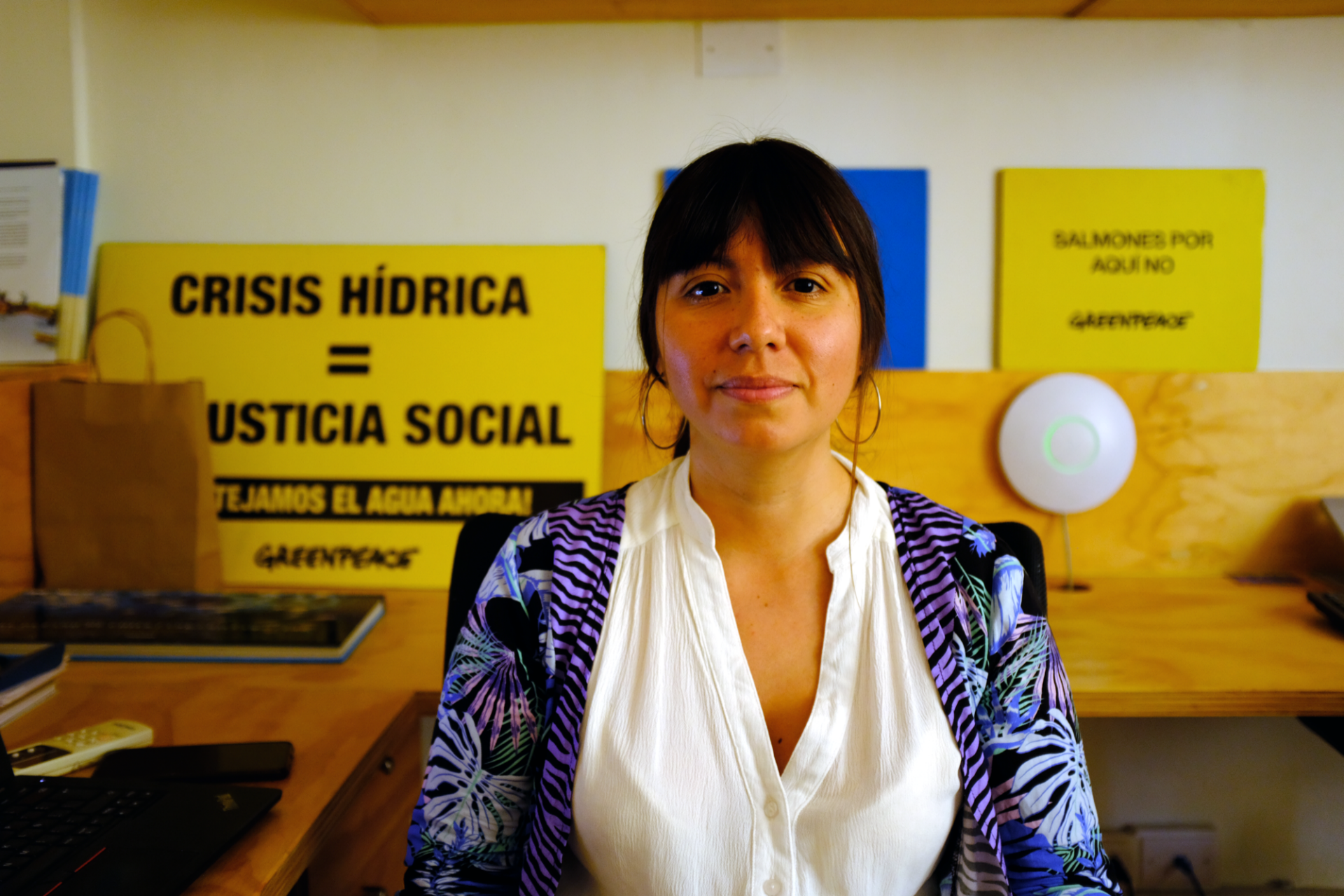 Estefanía Gonzalez in the Greenpeace Chile office in Santiago, Chile. (Photo: Jessica McKenzie)