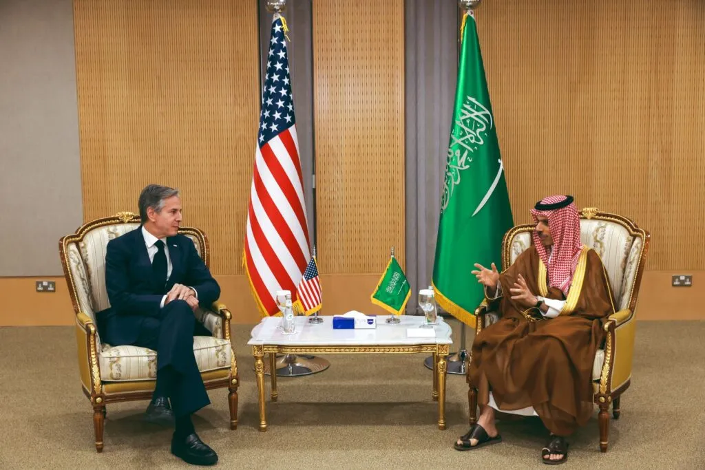 US State Secretary Antony J. Blinken meets with Saudi Foreign Minister Faisal bin Farhan in Riyadh, Saudi Arabia on June 7, 2023.