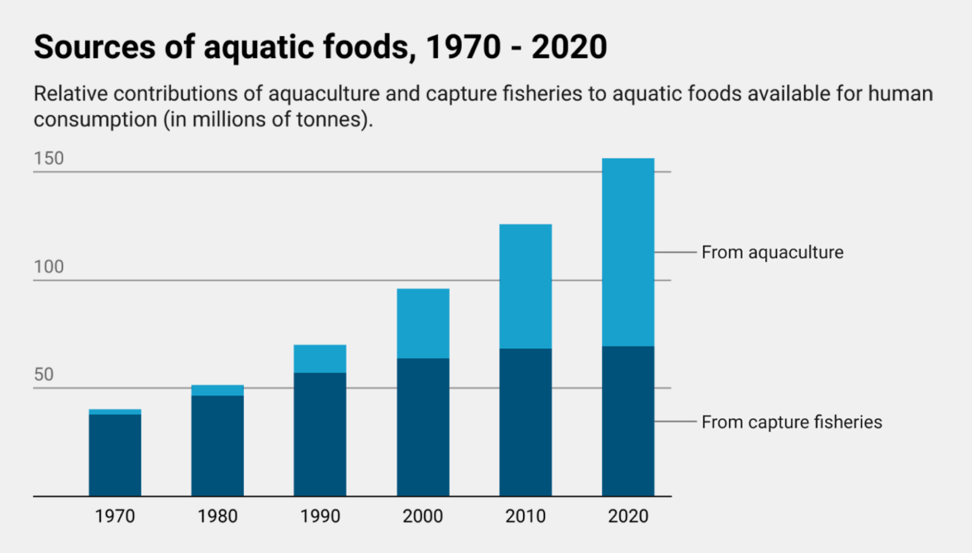 Global consumption of aquatic foods from aquaculture has risen steadily since the 1970s, and now exceeds consumption from capture fisheries. (Chart by Thomas Gaulkin. Source: FAO, "<a href="https://www.fao.org/3/cc0461en/cc0461en.pdf">The state of world fisheries and aquaculture</a>", 2022, p.90; CC BY-NC-SA) 