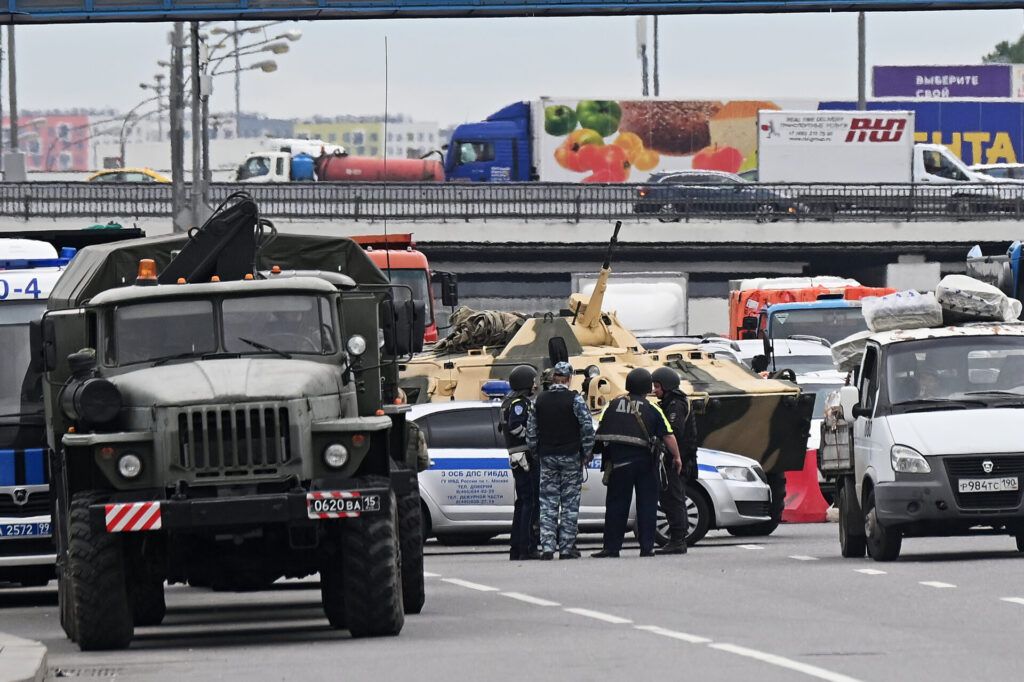 Russian police stand at a checkpoint on Saturday in Moscow, Russia. The Wagner Group, an independent army led by former Putin ally Yevgeny Prigozhin, had vowed to "go all the way" to Moscow to topple Russia's military leadership. The apparent coup attempt ended Saturday when Prigozhin called off the rebellion and agreed to leave Russia for Belarus. (Photo by Epsilon/Getty Images)