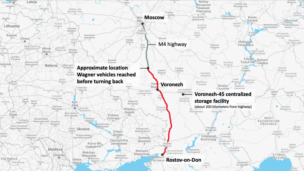 The Wagner Group troops passing by the Voronezh-45 central nuclear storage facility for non-strategic nuclear weapons during their march on Moscow on June 23-24, 2023. (Map by François Diaz-Maurin / Google Maps)