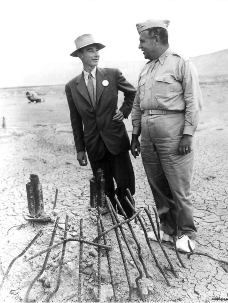 Oppenheimer and Groves at the site of the Trinity detonation, 1945. 