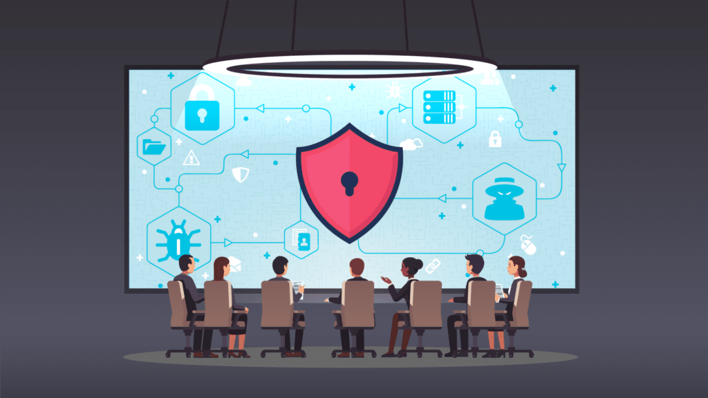 Group of people around a table with a cybersecurity shield on a screen