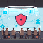 Group of people around a table with a cybersecurity shield on a screen