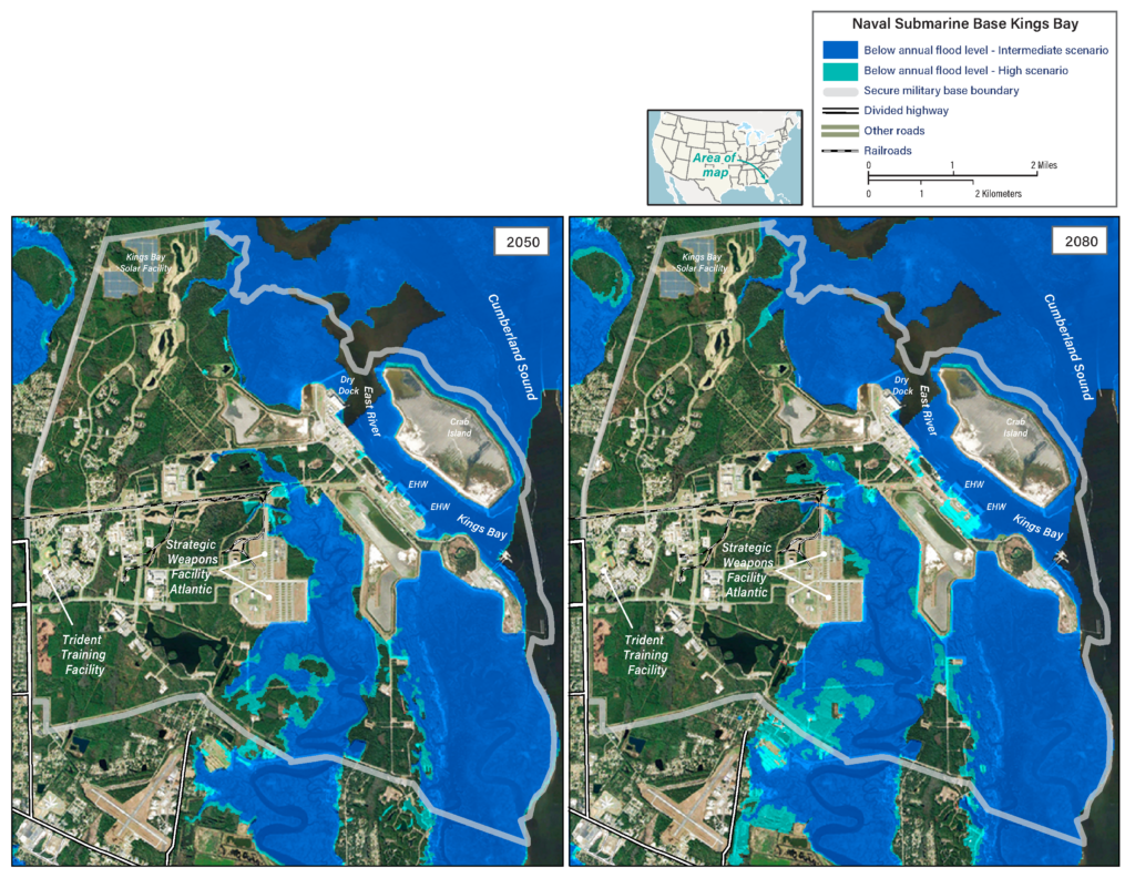 <strong>Figure 1.</strong> Projected sea level rise and annual flooding at Naval Submarine Base Kings Bay in Georgia. (Credit: International Mapping / Carnegie Endowment for International Peace)