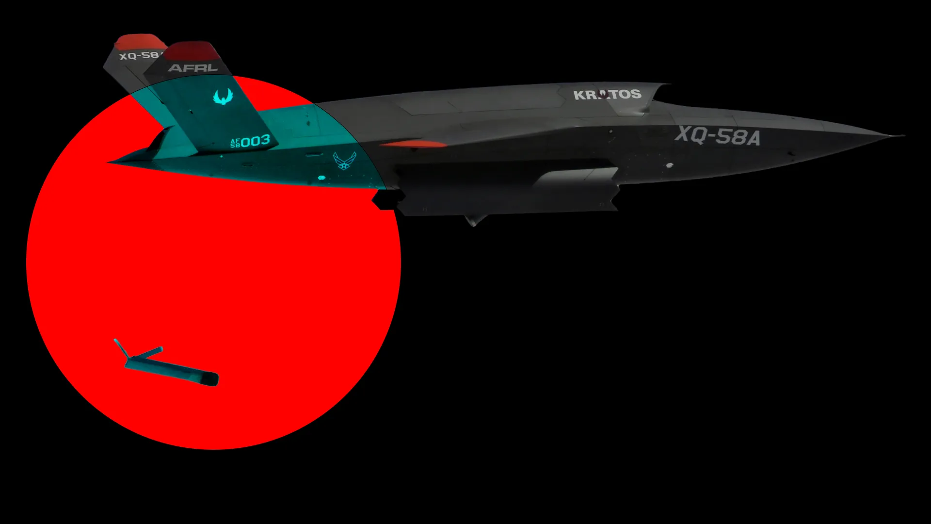 The XQ-58A Valkyrie "loyal wingman" pilotless combat aerial vehicle, seen here deploying an Altius-600 small unmanned aircraft system, is powered by artificial intelligence and can identify, track, and prosecute targets without human oversight. (Photo: US Air Force. Design: François Diaz-Maurin/Erik English)