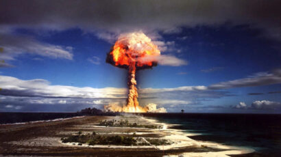 A French nuclear bomb test at Mururoa Atoll, 1970. Source: Wikimedia Commons