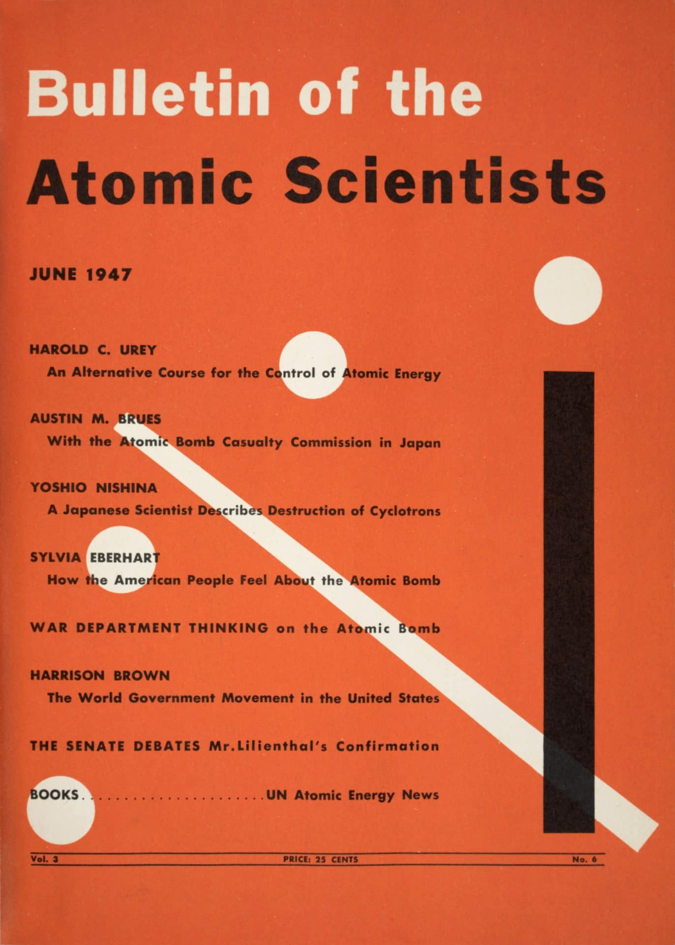 The first <em>Bulletin</em> magazine cover, featuring Martyl Langsdorf's design that would eventually become the Doomsday Clock.