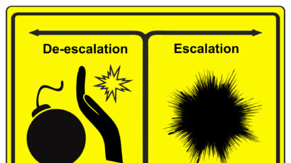 an illustration showing escalation as an explosion and de-escalation as a hand preventing a bomb from exploding
