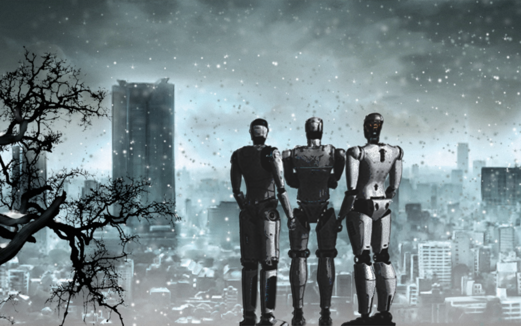 Robots standing with a nuclear winter landscape in distance