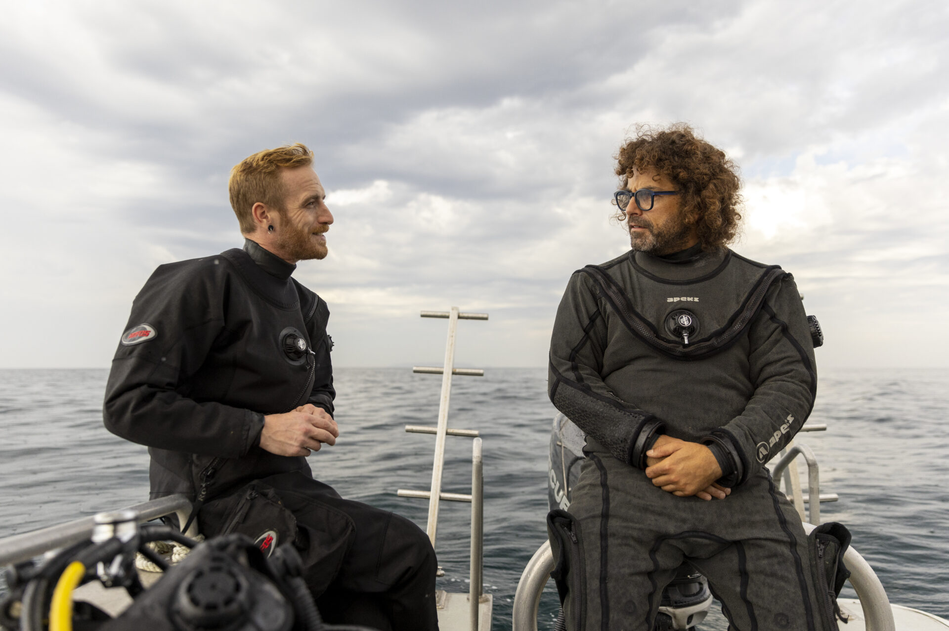Jan Verbeek, scientific manager and marine biologist at SeaForester (left), discusses diving logistics with João Franco, marine Ecologist at the Marine and Environmental Sciences Centre in Peniche, Portugal. (Photo courtesy Jan Verbeek)