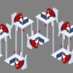 Illustration of people in red hoodies working at a computer