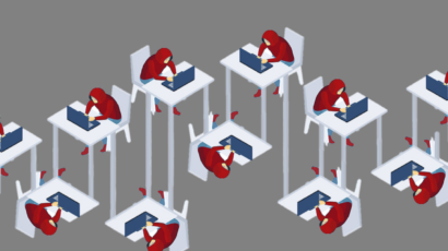 Illustration of people in red hoodies working at a computer
