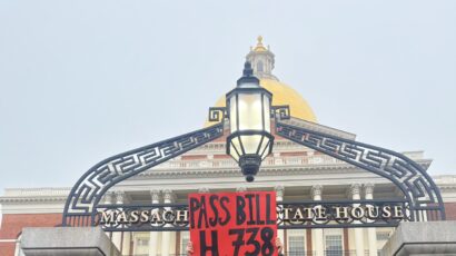 Student nuclear activists outside the Massachusetts State House