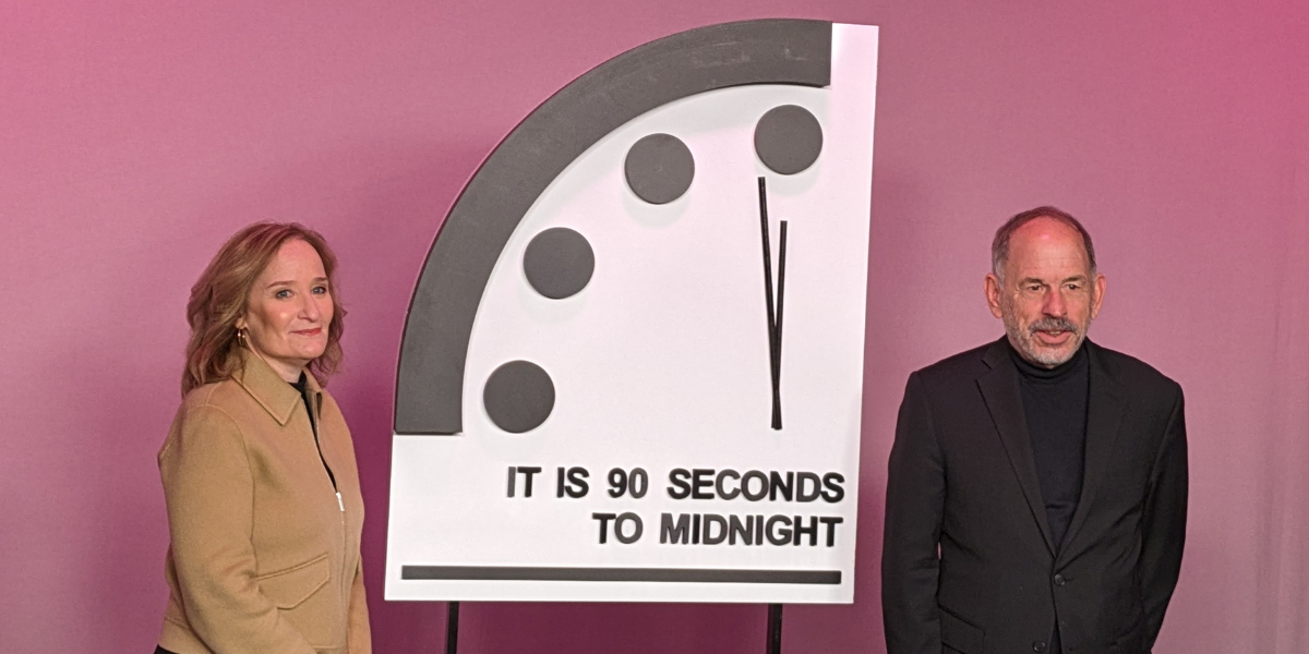 Rachel Bronson and John Mecklin at the 2024 Doomsday Clock announcement.