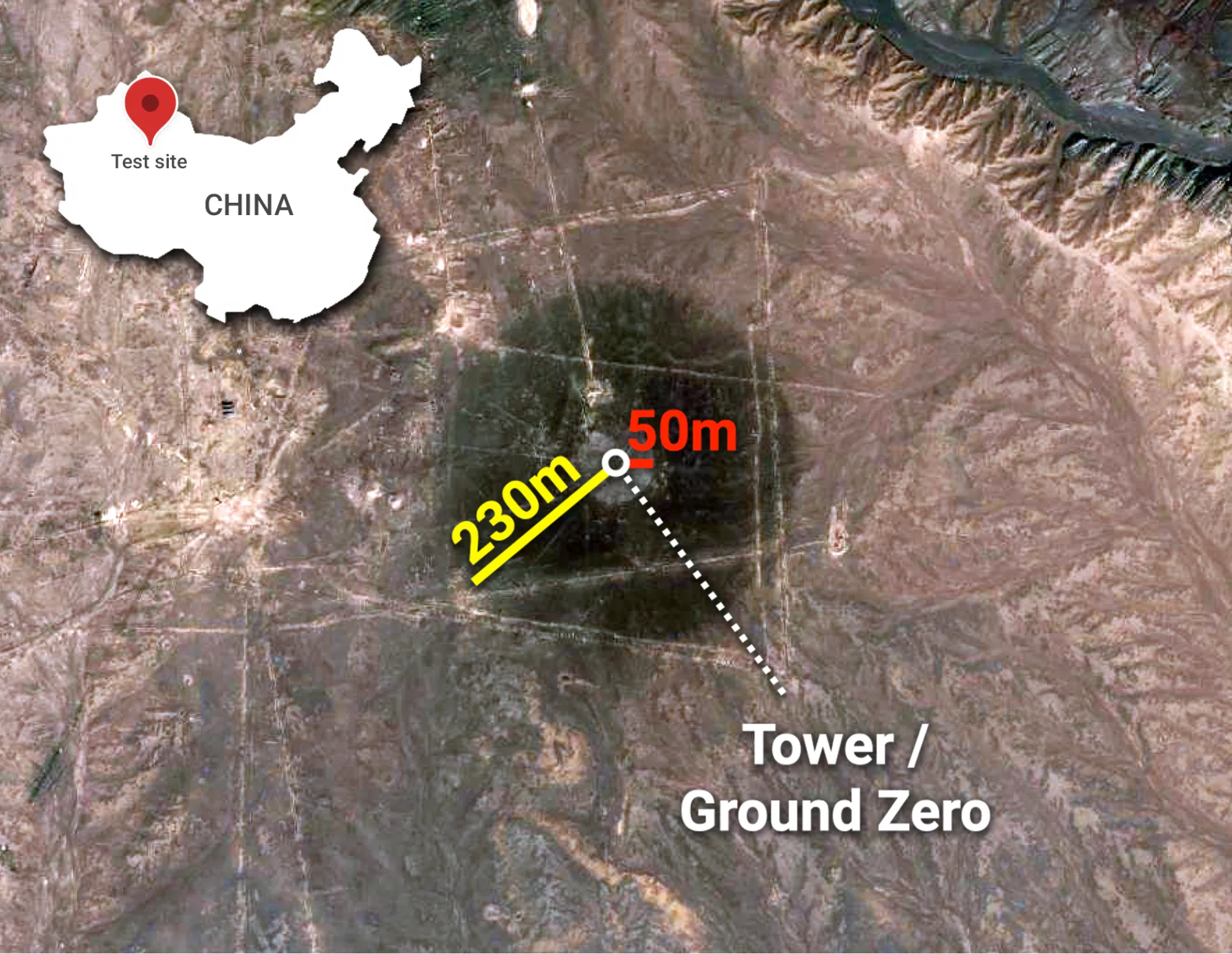 The site of the second tower used for the 1966 test of device 629 of the H-bomb principle (coordinates: 40°47'56.14"N/ 89°49'18.01"E). The shadows of the 50-meter and 230-meter radius circles remain visible. (Satellite imagery: Esri, Maxar, Earthstar Geographics, and the GIS User Community)