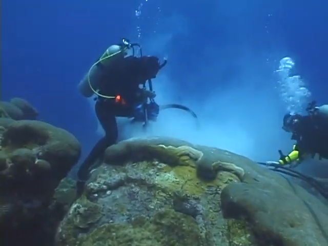 a diver drilling into coral bank