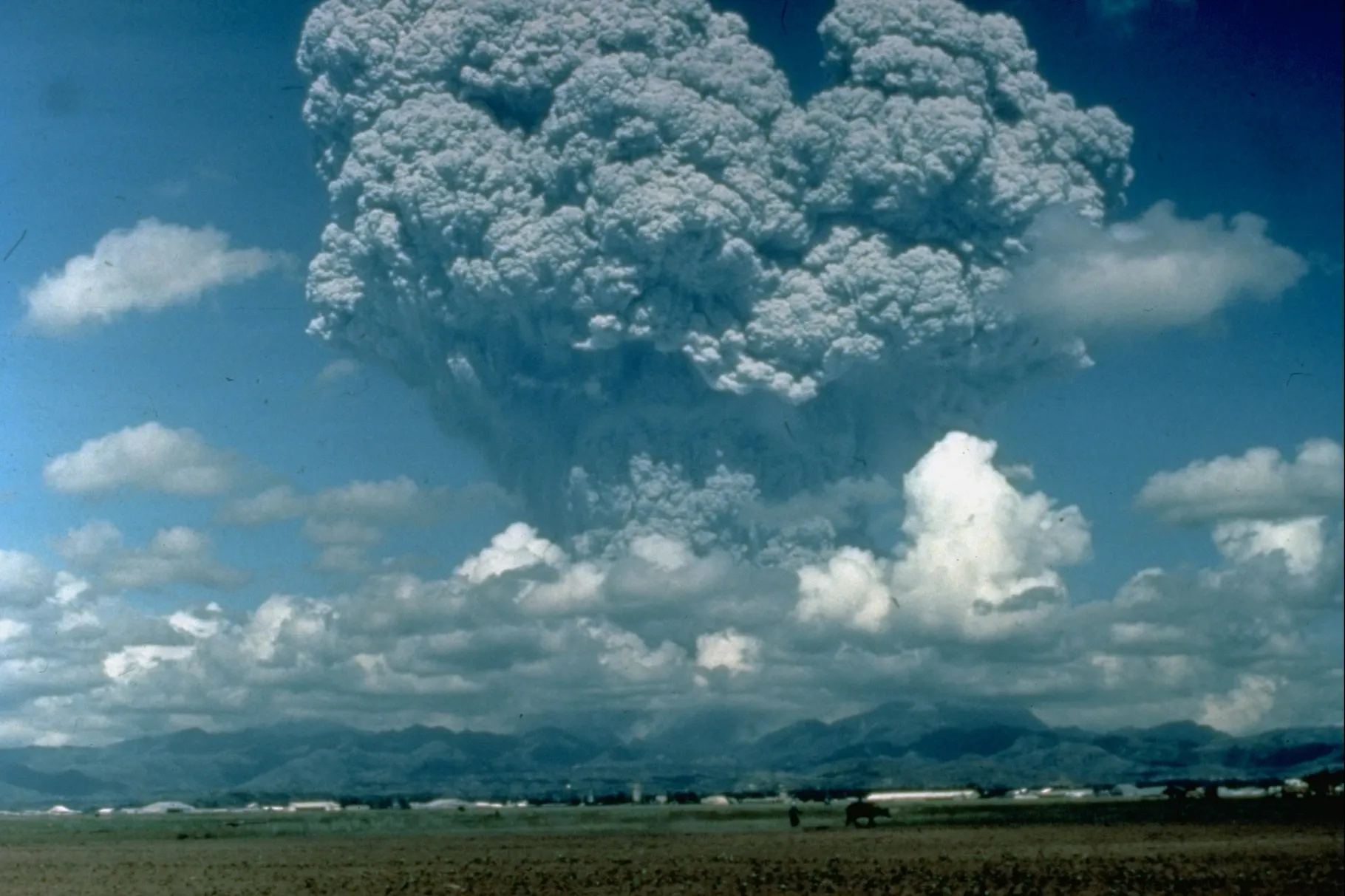The eruption of Mount Pinatubo in 1991 sent at least 17 million metric tons of sulfur dioxide into the atmosphere, which cooled the Earth by roughly 0.5 degree Celsius (0.9 degree Fahrenheit) for about a year. (Photo by David H. Harlow, USGS)