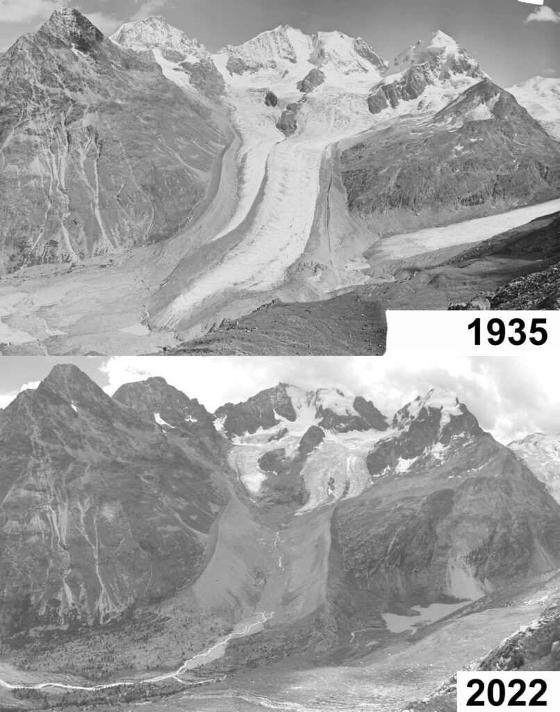 The Vadret da Tschierva glacier in 1935 (top) and 2022 (bottom)