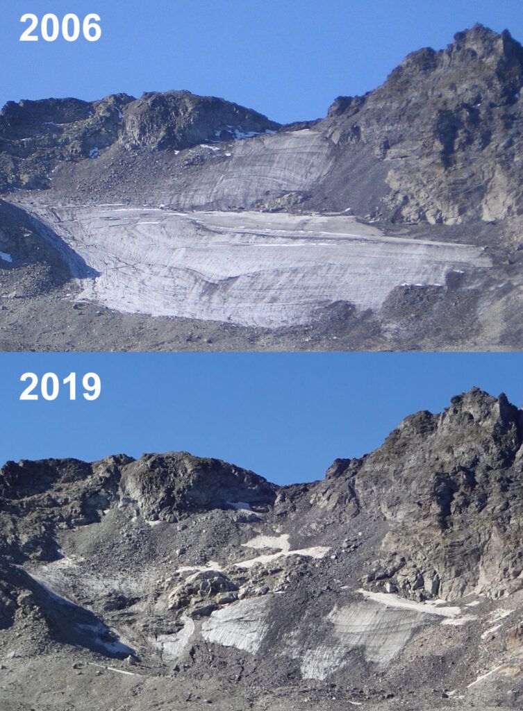 Pizol glacier in 2006 (top) and 2019 (bottom)