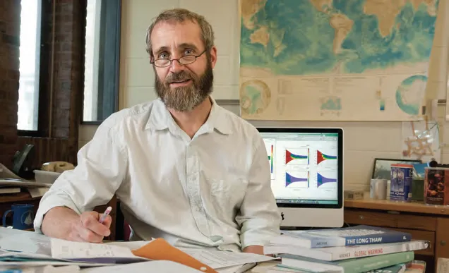 David Archer, a climate scientist in Chicago’s geophysical sciences department and a member of the Climate Systems Engineering initiative board, expressed a kind of desperate optimism about the initiative, pointing out that the Earth is dangerously near catastrophic climate tipping points, like thawing permafrost and melting ice sheets. (Photo by Lloyd DeGrane / University of Chicago)