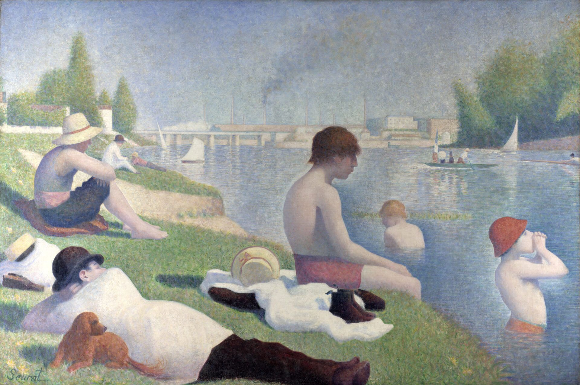 Georges Seurat's Bathers at Asnières shows swimmers in the Seine in 1884. Public domain via Wikimedia Commons.
